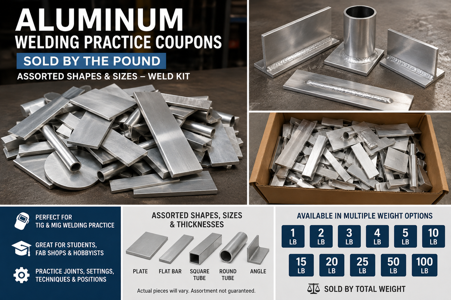Promotional graphic for aluminum welding practice coupons, showing piles and boxes of assorted silver metal welding shapes and rods, with text detailing available sizes, weights, and benefits.