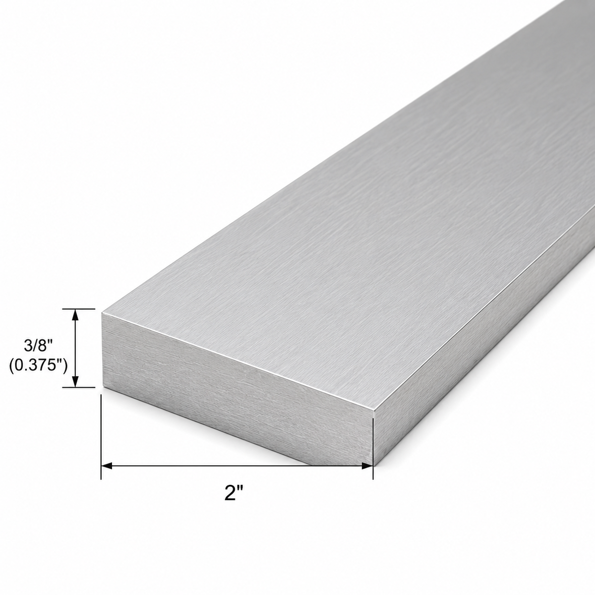 A brushed metal rectangular bar shown at an angle on a white background, with dimension callouts indicating 2 inches length and 3/8 inch height.