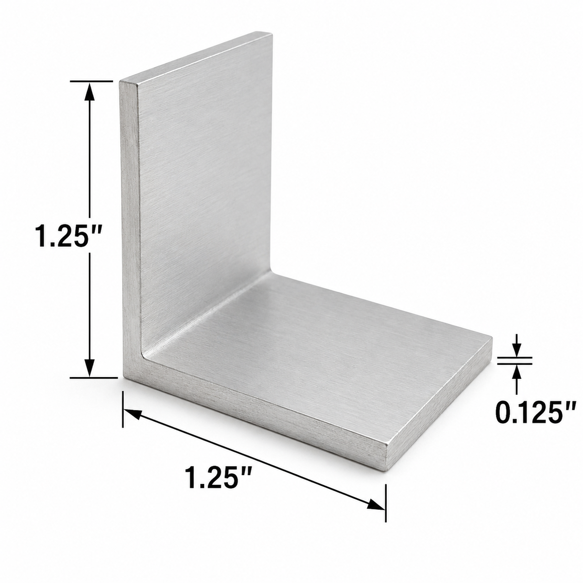 A brushed metal L-shaped bracket with dimension annotations showing 1.25 inches height